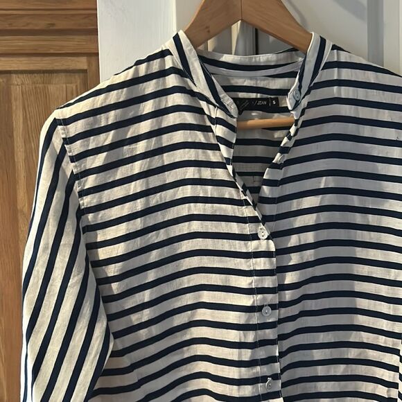 🎀Rag & bone Leeds white and blue striped linen button up blouse small Mandarin - Picture 4 of 11